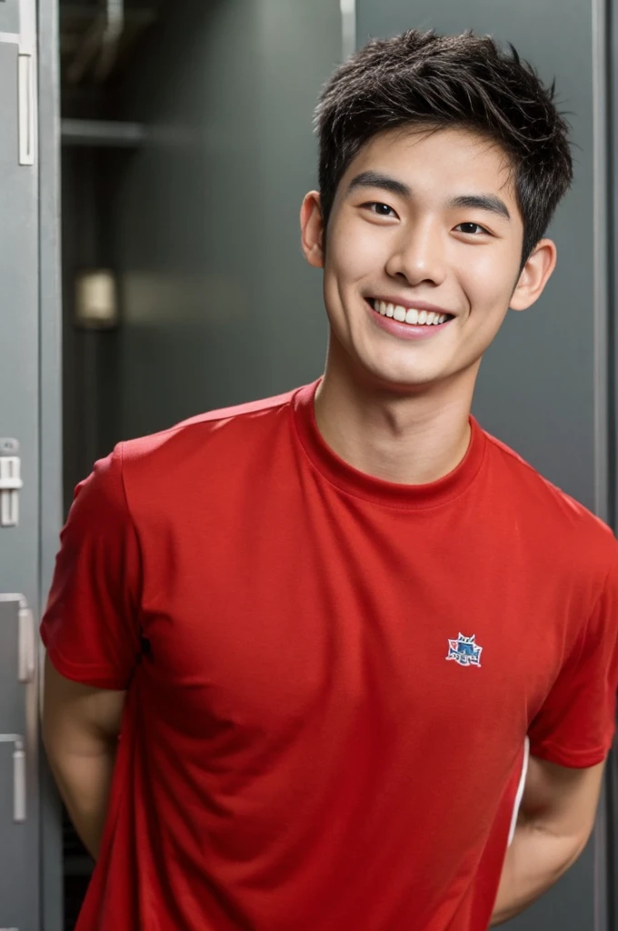 Korean man, Inspiration from Peng Yuyan, 23 years old, Korean muscular man ,The locker room is in the back. red t-shirt, open mouth smile