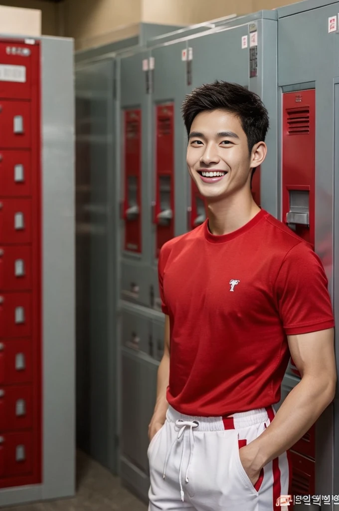 Korean man, Inspiration from Peng Yuyan, 23 years old, Korean muscular man ，The locker room is in the back. red t-shirt, open mouth smile