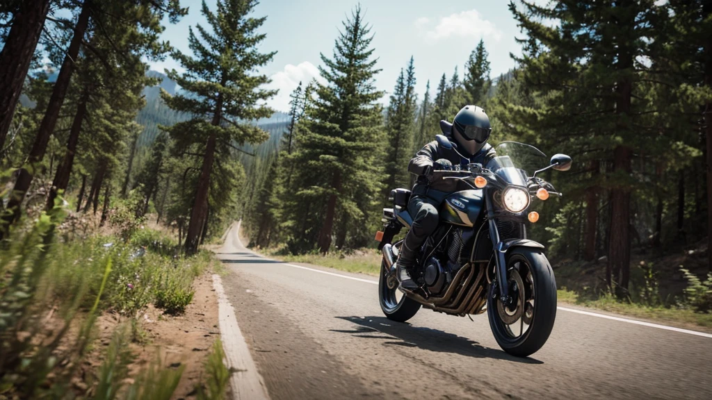 A masked rider on a motorcycle is running through the wilderness