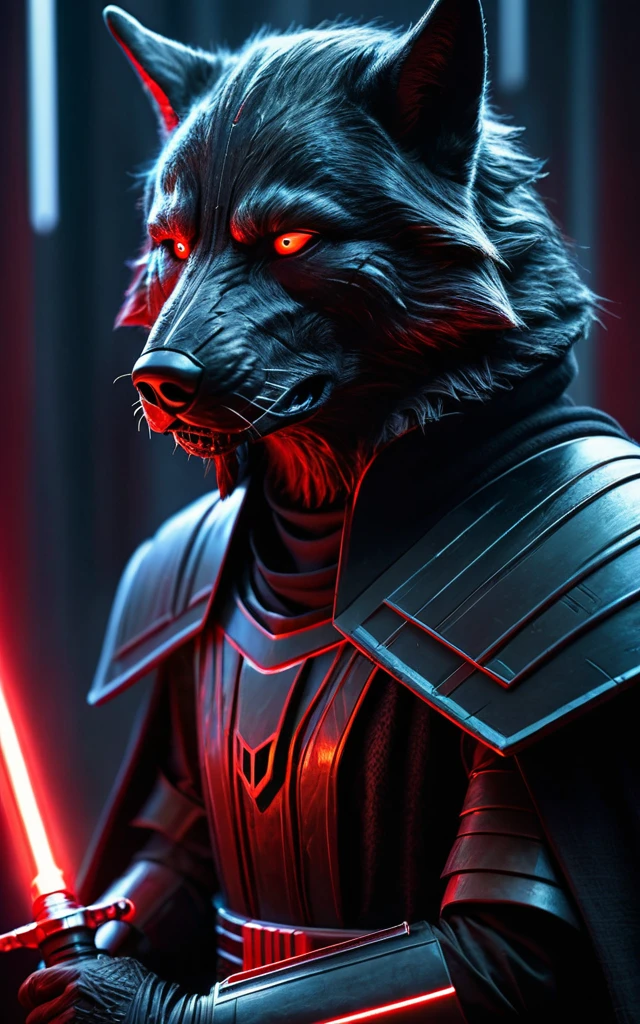 cinematic star wars, black wolf humanoid sith lord, extremely detailed face and features, , intricate armor, red glowing lightsaber, dramatic lighting, epic fantasy, muted color palette, cinematic composition, dramatic combat poses, hyper realistic, 8k, high quality, masterpiece