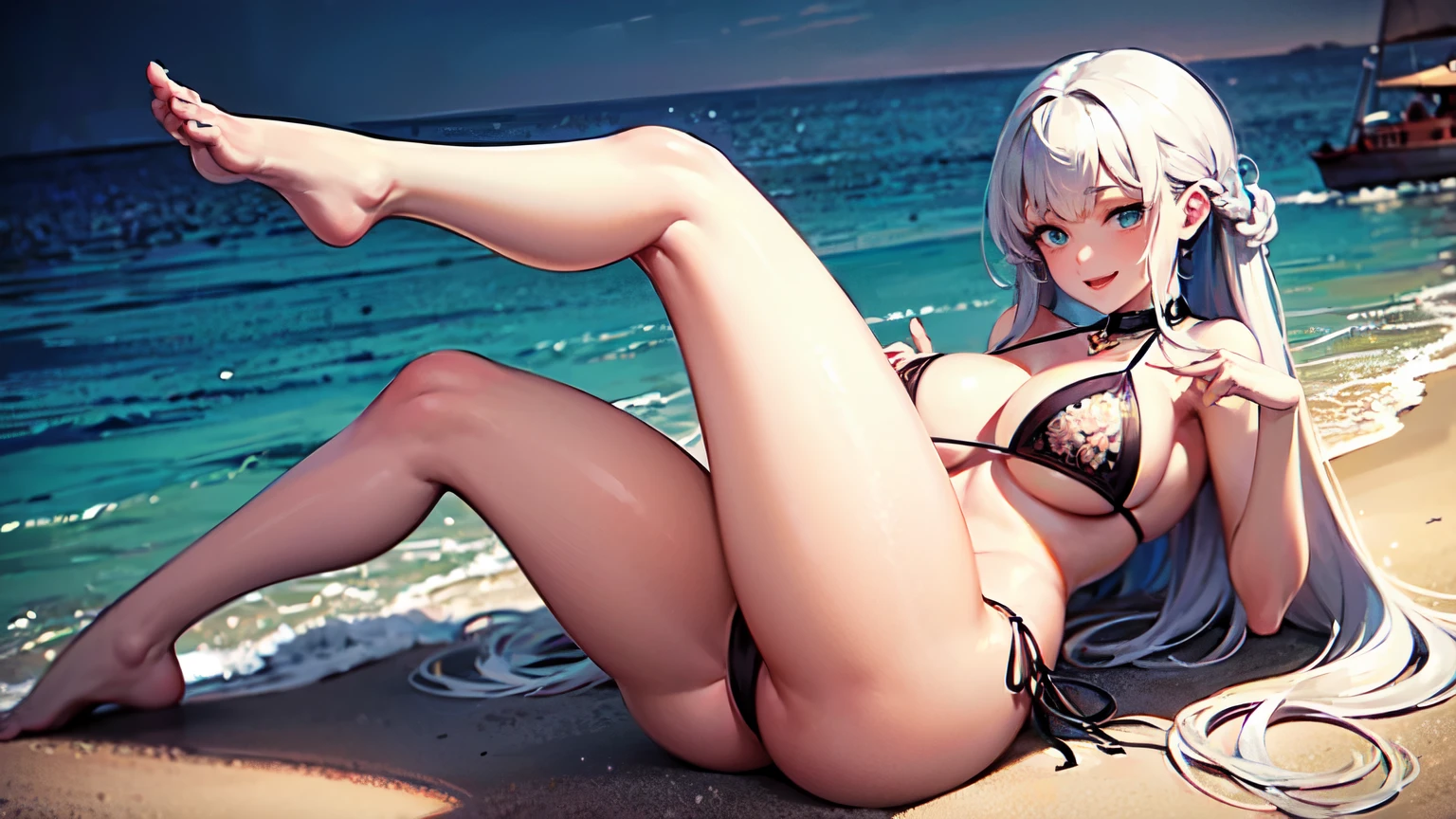 2girls, expressive eyes, perfect face, funny face, smile, perfect hands, massive , thicc thighs, silver fox twins, nine tails, shiny eyes, side braid, multi colored micro bikini, incredible details, wallpaper art, full body art, solo, very short girl, sea beach