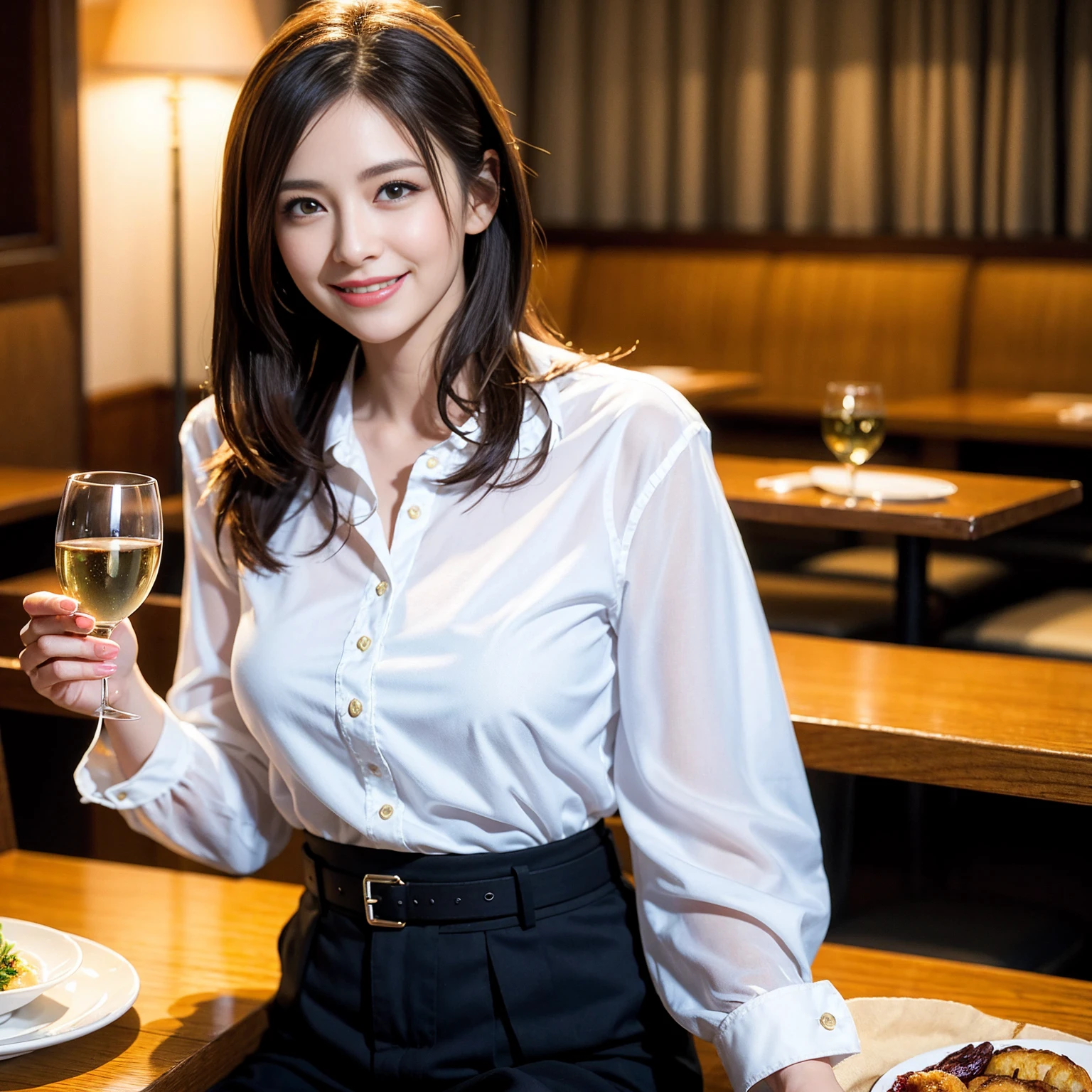 ((Highest quality、8K、masterpiece:1.3))、Shortcuts、cute、slimカップル、modelカップル、actress男優、(Realistic, Intricate details:1.2), full-course dinner、Wine Party、Amazing view of the sunset sky and clouds、A bright smile、short hair,Bright Face、 (Age 45), 42 years old, red wine 、Appetizers、Italian food、Wine bottle、Champagne、sparkling wine、Two beauties、Brown Hair、Shortcuts、Long sleeve shirt、dress、Beautiful woman 1, (slimな顔), (The body is slim), (Brown Hair), (Shortcuts), cheeks turn a little red,Attractive beauty、restaurant, In a prominent place (From the waist up) Nova Frog Style, actress, model, Upper Body, White wine, slim, wine glass, 中央に置かれたwine glass, smile, (smile: 1.15), Beautiful fine grain, Depth f/2,saturation, High Contrast, Strong light and shadow,Moist Body:1.5、3D texture、Delicate eyes、Brown Hair、The hair is very shiny、