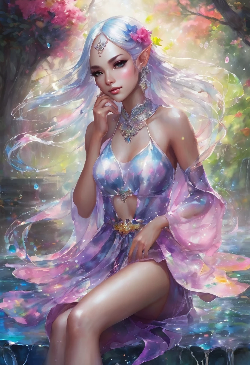 ((Masterpiece, best quality)), official art, 8k wallpaper, Very detailed,  mature dark elf girl, ((ชุดเดรสwatercolorเงินเข้มและสีขาว)), girl in soap bubbles, sit, flower, expressionless, ((white boots)), Glass, light transmission, spectral light, Melted gradient translucent glass, erode, transparent Glass, Highly detailed glow, (Prismatic patterns on hair and clothes:1.3), ((กลีบflowerที่เปล่งประกายล้อมรอบและพันกันรอบตัวเธอ)), watercolor, watercolor style, splashing water, bright colors, Art by Artgerm, by Kawacy, By Yoshitaka Amano, Take a break, High profile. (dark elf), (1 girl), alone, perfect face, eye details, smooth, blunt, (hair between the eyes), white hair, purple eyes, Take a break, eyelash, eyelid, pink eyelid, (black skin:1.2), stare, smile, medium sized breast, Take a break, มีรายVery detailed, Dutch corner,