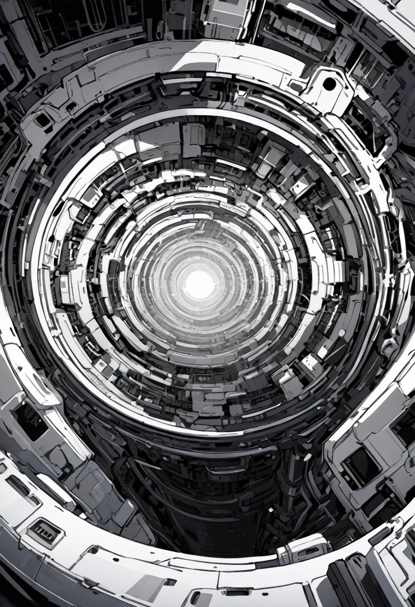 Mechanical background, black and white color scheme, inside the spaceship