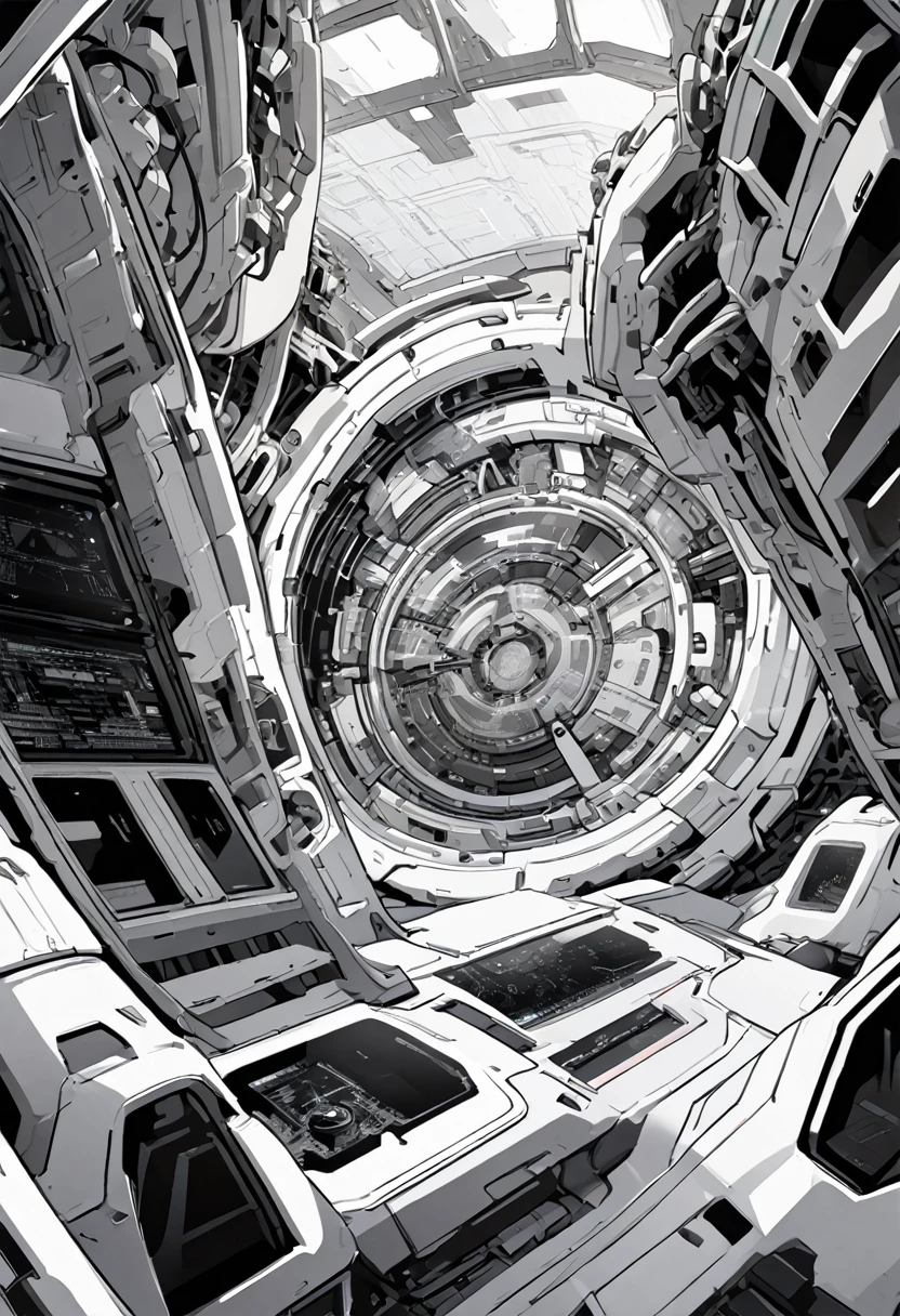 Mechanical background, black and white color scheme, inside the spaceship