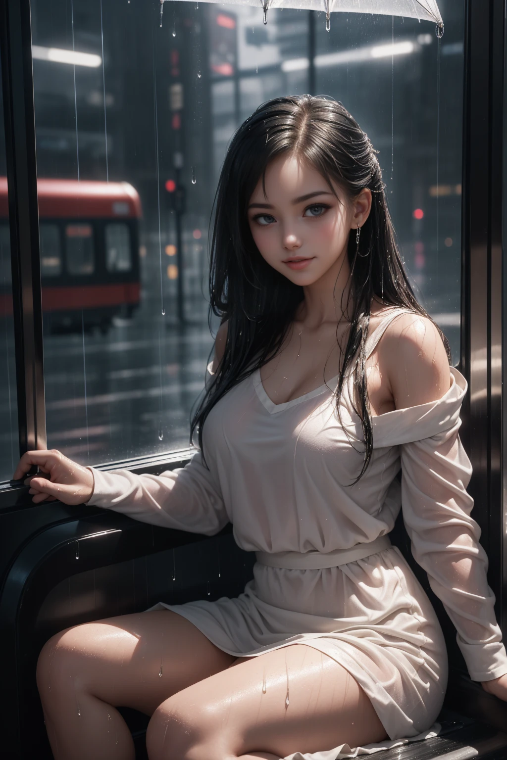 ((A girl running through the streets of New York))、(RAW shooting, Photorealistic:1.5, 8K, Highest quality, masterpiece, Ultra-high resolution), Perfect dynamic composition:1.2, Night Street Corner, Looking up at the sky:1.3, (((Heavy rain from a typhoon))), Highly detailed skin and face textures:1.2,( 雨にWetスリムな女性:1.3), セクシーNa Beauty, Perfect Style:1.2, Aesthetic and beautiful, Fair skin, Very beautiful face, (Rain dripping all over my body:1. 2, Wet髪:1.4, Wet:1.2), Water droplets on the skin, (Medium sized breasts, Chest gap), (Shy laugh, The expression when feeling intense caressing, Facial expression when feeling pleasure), (Beautiful blue eyes, Beautiful erotic eyes:0.8), (Too erotic:0.9, Alluring:0.9),((Wet白いブラウス))、((No sleeve)),((Wetタイトスカート)) Second bag, Perfect body, Perfect fingertips(Girl sitting on train seat)、Best quality work,Actual work,Ultra Premium Graphics,8K HD CG works,High quality graphics,High-definition CG works,10x pixels,Extremely fine detail:1.1,Advanced Technical Details:1.1 Photorealistic,Indoor lighting effects:1.5,Natural light:1.5. Light effects(virtual Light effects:1.8),(Golden white short hai(RAW shooting, Photorealistic:1.5, 8K, Lift-up skirt,Na Beauty, Perfect Style:1.2, Aesthetic and beautiful, Fair skin, Very beautiful face, (Rain dripping all over my body:1. 2, Wet髪:1.4, Wet:1.2), Water droplets on the skin, (Medium sized breasts, Chest gap), (Shy laugh, The expression when feeling intense caressing, Facial expression when feeling pleasure), (Beautiful blue eyes, Beautiful erotic eyes:0.8), (Too erotic:0.9, Alluring:0.9),((Wet白いブラウス))、((No sleeve)),((Wetタイトスカート)) Second bag, Perfect body, Perfect fingertips(Girl sitting on train seat)、Best quality work,Actual work,Ultra Premium Graphics,8K HD CG works,High quality graphics,High-definition CG works,10x pixels,Extremely fine detail:1.1,Advanced Technical Details:1.1 Photorealistic,Indoor lighting effects:1.5,Natural light:1.5. Light effects(virtual Light effects:1.8),(Golden white short hai(RAW shooting, Photorealistic:1.5, 8K, 最高Lift-up skirt,((White panties are visible))、