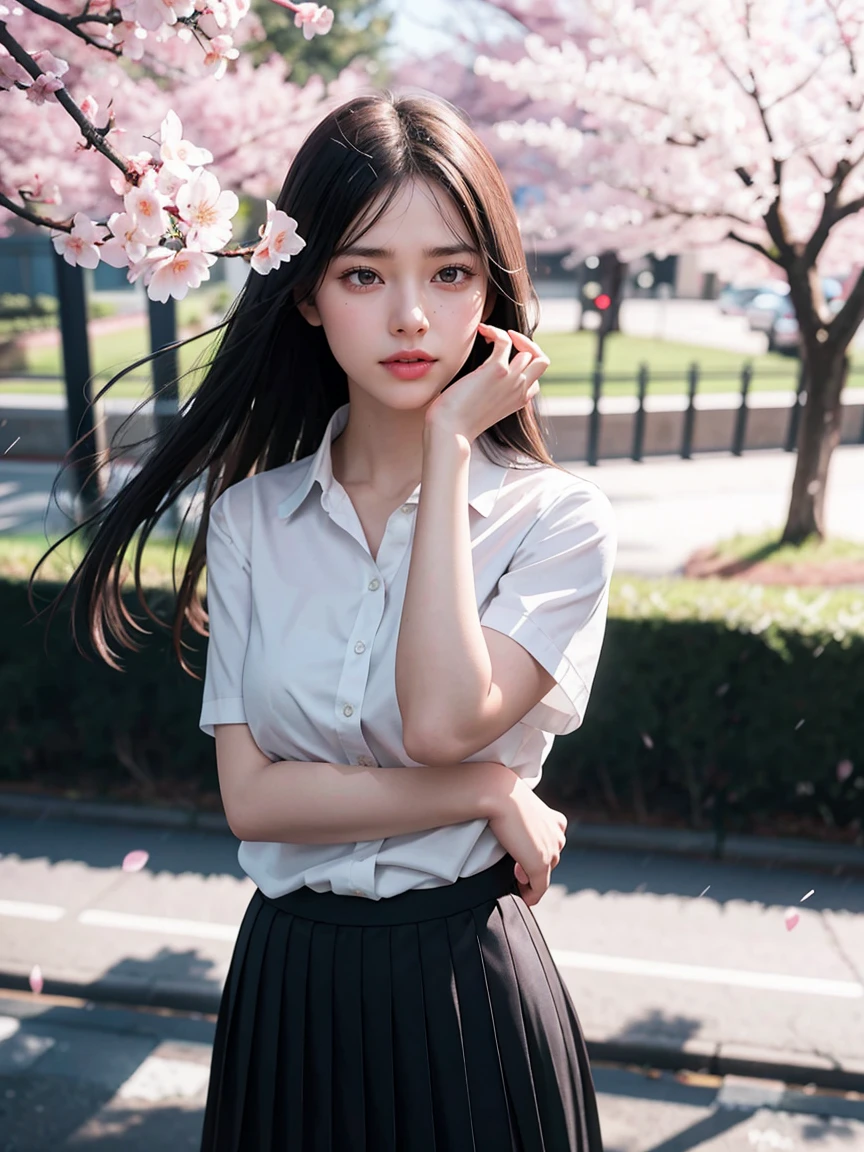 1girl, black skirt, branch, building, chain-link fence, cherry blossoms, fence, long hair, outdoors, petals, pleated skirt, rain, shirt, short sleeves, skirt, solo, standing, tree,
sky,street,Raw, cinematic shot, (sharp focus:1.5), (photorealistic:1.4), twilight lighting, volumetric lighting, ultra high res, 16K,dramatic lighting,