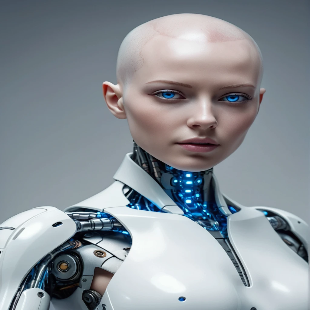 white polymer futuristic android. gynoid, pastel colors, neotech, sleek, photo of a beautiful cyborg, bald plastic white android (upper body) with blue eyes (RAW photo), (high detailed skin:0.8), Ray Tracing, hyper realistic, dramatic, 8k uhd, dslr, soft lighting, high quality, film grain, Fujifilm XT3