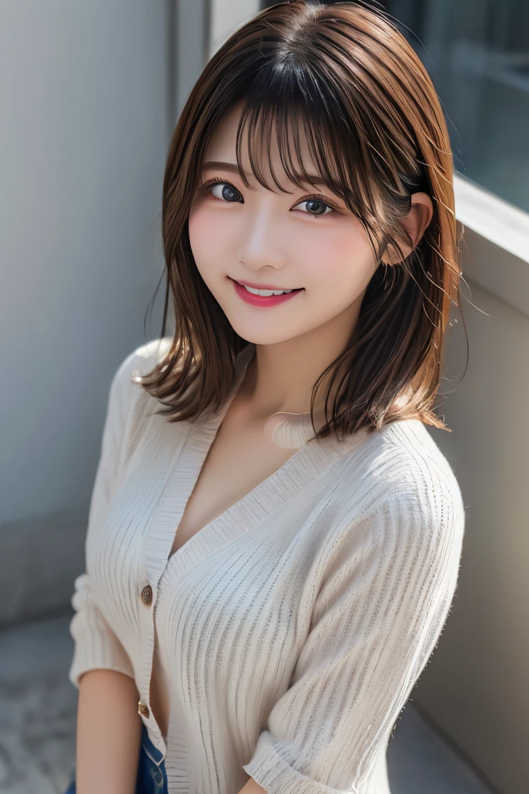 8K、Highest quality、(beautiful)、Precision Eyes、Brown Hair、looking at the camera、Upper Body、Close-up、Soft Breasts、smile、Shot from above、cardigan