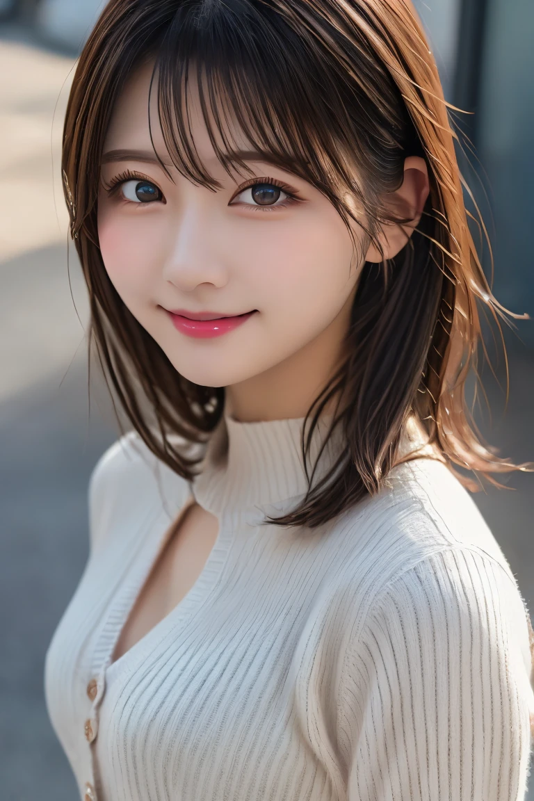 8K、Highest quality、(beautiful)、Precision Eyes、Brown Hair、looking at the camera、Upper Body、Close-up、Soft Breasts、smile、Shot from above、cardigan