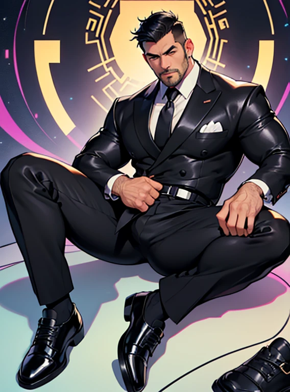50 years old,Dad,Shiny single-breasted suit,Open your legs more, Black Belt,Black socks,Black leather shoes.logic, Gay ,Black Hair,Short Hair,Thick eyebrows,Stubble,Asian Faces,Masculine,Capable person,Bulging in the  area of pants,Erotic