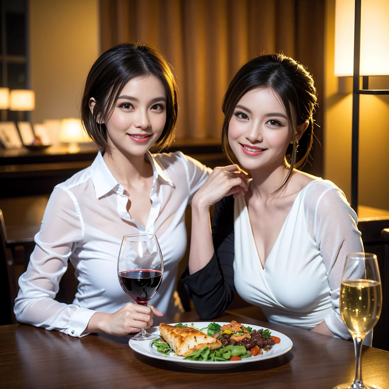 ((Highest quality、8K、masterpiece:1.3))、Shortcuts、cute、slimカップル、modelカップル、actress男優、(Realistic, Intricate details:1.2), full-course dinner、Wine Party、Amazing view of the sunset sky and clouds、A bright smile、short hair,Bright Face、 (Age 45), 42 years old, red wine 、Appetizers、Italian food、Wine bottle、Champagne、sparkling wine、Two beauties、Brown Hair、Shortcuts、Long sleeve shirt、dress、Beautiful woman 1, (slimな顔), (The body is slim), (Brown Hair), (Shortcuts), cheeks turn a little red,Attractive beauty、restaurant, In a prominent place (From the waist up) Nova Frog Style, actress, model, Upper Body, White wine, slim, wine glass, 中央に置かれたwine glass, smile, (smile: 1.15), Beautiful fine grain, Depth f/2,saturation, High Contrast, Strong light and shadow,Moist Body:1.5、3D texture、Delicate eyes、Brown Hair、The hair is very shiny、