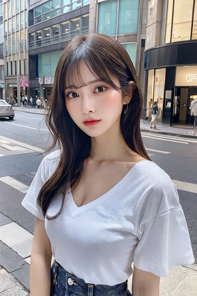 (NSFW,Y2K Fashion、V-neck mini T-shirt、Low rise jeans、tight、Big Breasts)、Bob Hair、Beauty、double eyelids、Tear bags、Big, round eyes、Long eyelashes)、highest quality、Harajuku Street