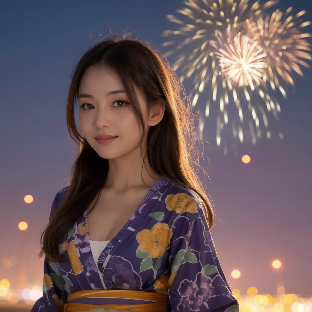 (「solo」Detailed and realistic portrait of a beautiful young Asian woman。She has long light brown hair and big light brown eyes.。)under the night sky、Put your hair up、A beautiful woman elegantly wearing a vibrant yukata that hides her chest、The fireworks light softly illuminated her face.、Enhances an attractive smile。The background creates a tranquil atmosphere of a summer night.、I can hear the sound of fireworks in the distance。