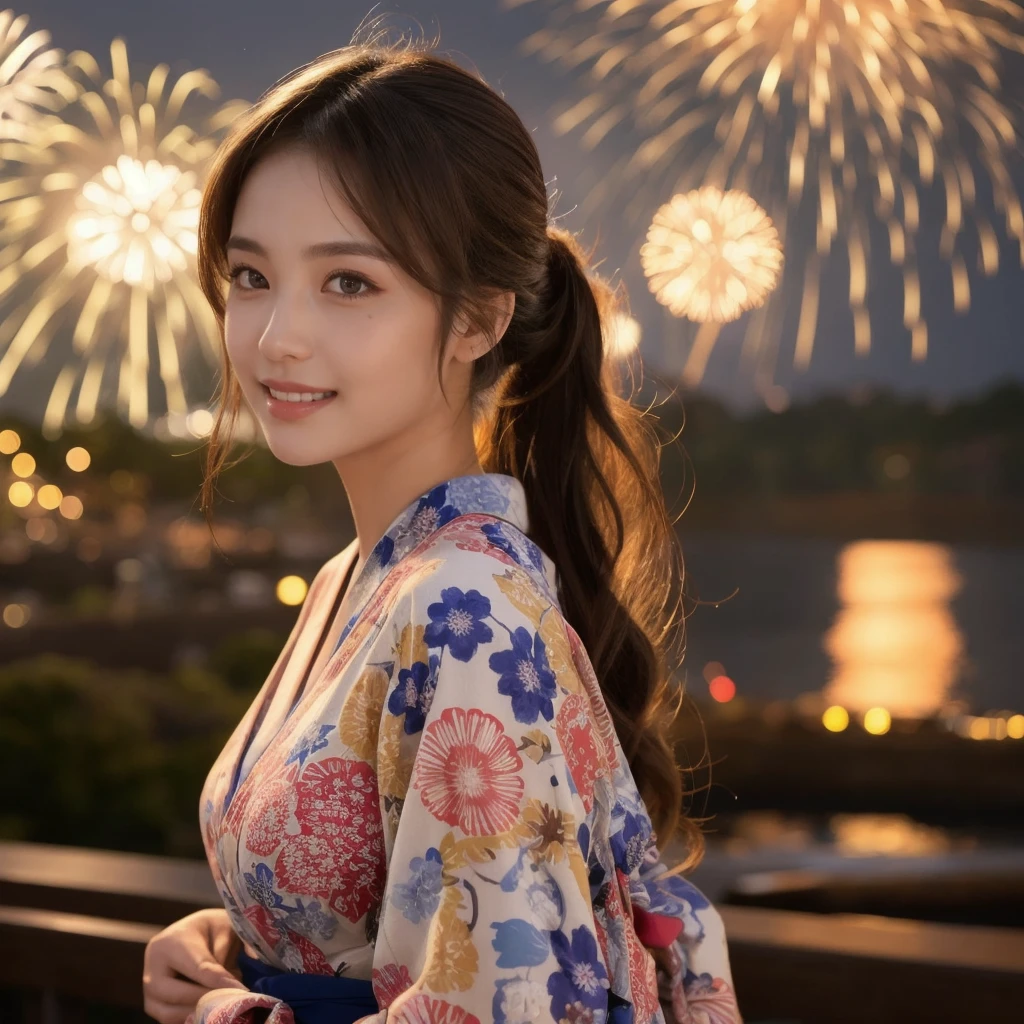 (「solo」Detailed and realistic portrait of a beautiful young Asian woman。She has long light brown hair and big light brown eyes.。)under the night sky、Put your hair up、A beautiful woman elegantly wearing a vibrant yukata that hides her chest、The fireworks light softly illuminated her face.、Enhances an attractive smile。The background creates a tranquil atmosphere of a summer night.、I can hear the sound of fireworks in the distance。