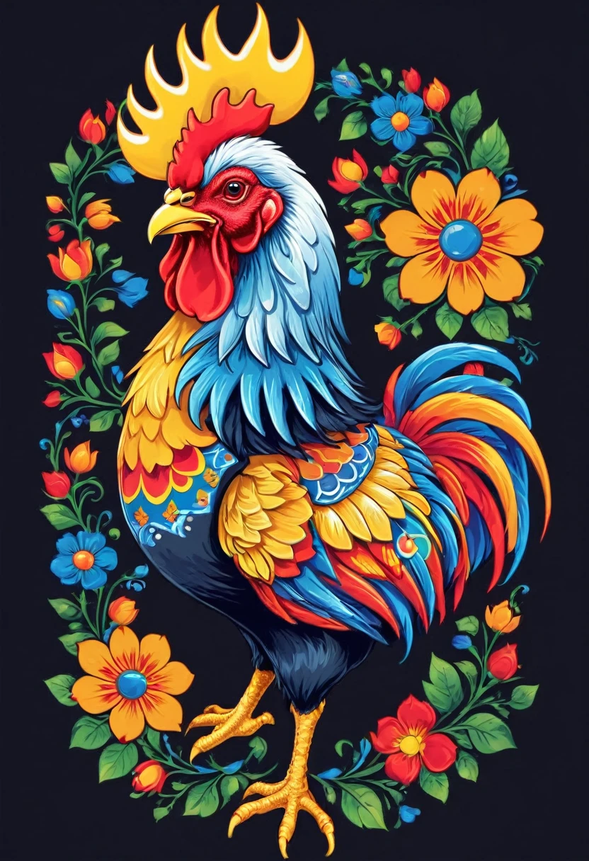 A t-shirt with vector art of a colorful Barcelos rooster illustration , At the center, swirly vibrant colors, flowers, high détail, t-shirt designs
(artwork, best quality, proffesional, perfect composition, very aesthetic, absurdrez, super verbose, Intricate details:1.3)