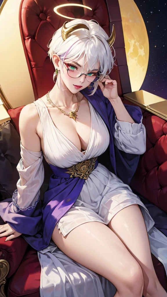 8k, masterpiece, best quality, highly detailed, 1 girl, tiefling, warlock, multicolored hair, very short straight hair green highlight hair on white hair, strippled hair, wearing glasses, round glasses, earrings, red eyeshadow, long eyelashes, blushed cheek, red lips, necklace, rings, collarbone, mole, glamorous, white and gold clothing, smirk, fullbody view, rings, looking at viewer, demon horns, solo, royal dress, palace, blue pale moon, sitting on throne, tattoo, halo, celestial, radiance, elegant dress, divine.