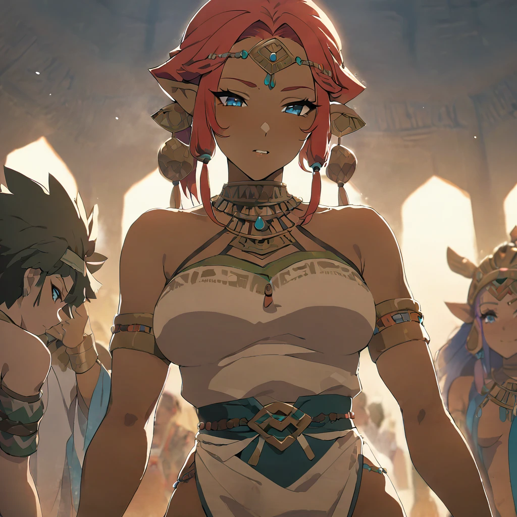 ((Highest quality)), ((masterpiece)), (detailed), （Perfect Face）、The woman is Queen Zelda of the Gerudo tribe, with red hair, blue eyes and brown skin.、The woman is wearing the sexy, see-through traditional costume of the Gerudo tribe.、She serves King Ganondorf.