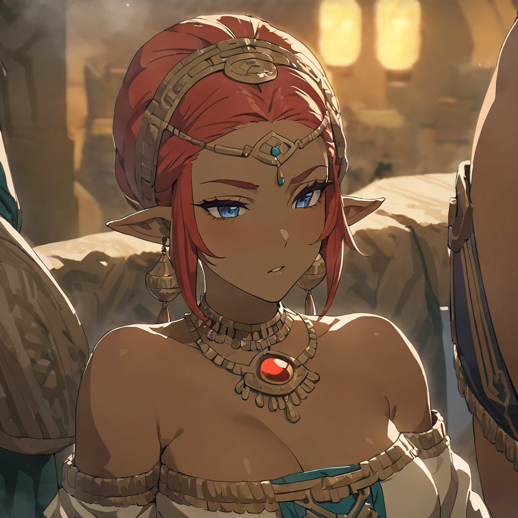 ((Highest quality)), ((masterpiece)), (detailed), （Perfect Face）、The woman is Queen Zelda of the Gerudo tribe, with red hair, blue eyes and brown skin.、The woman is wearing the sexy, see-through traditional costume of the Gerudo tribe.、She serves King Ganondorf.