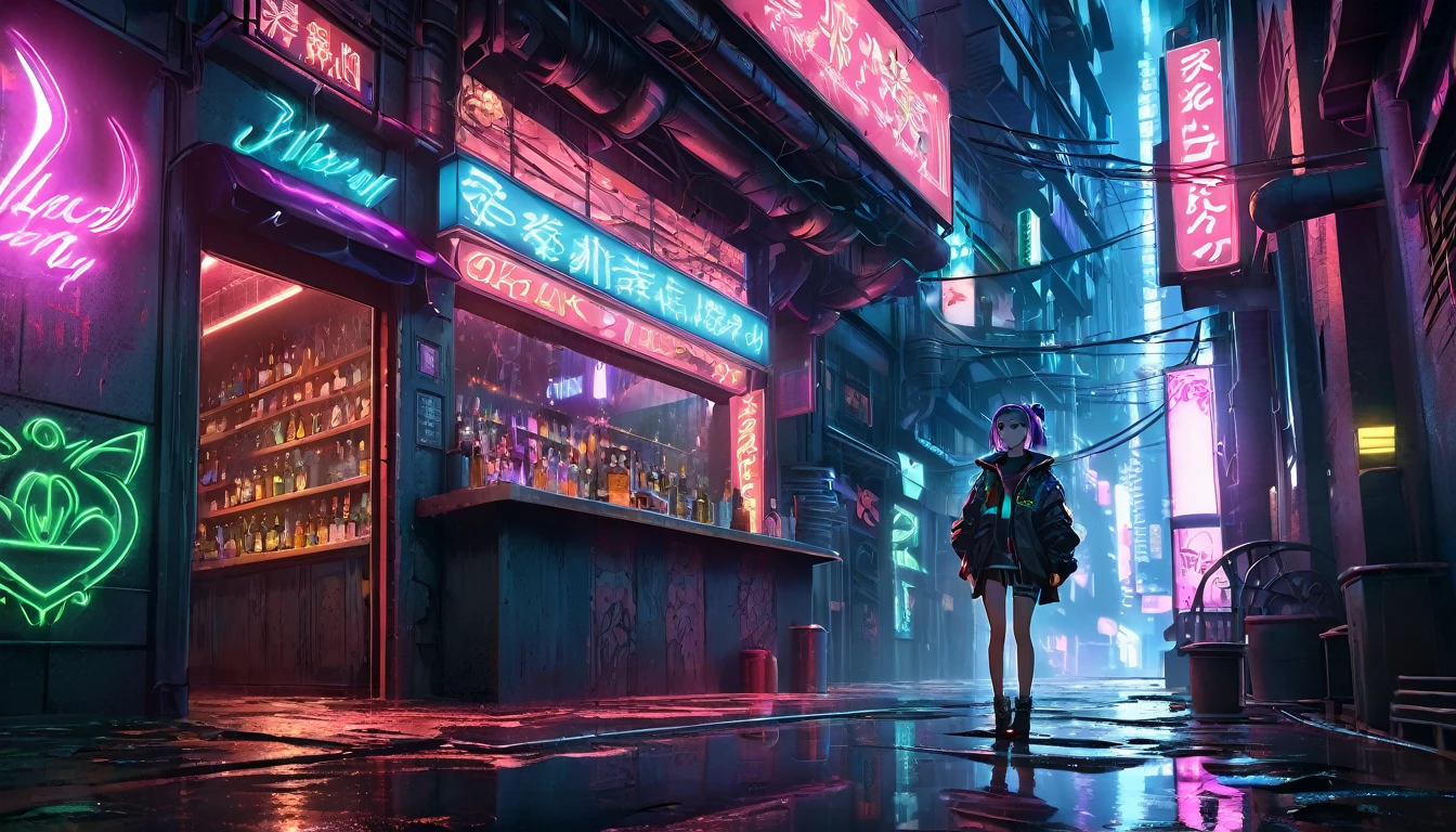 1girl,neon lights,cyberpunk,futuristic city,dark alley,bar entrance,anime style,intricate details,cinematic lighting,moody atmosphere,vibrant colors,dramatic shadows,neon signs,rainy night,puddles,reflections,steam,dynamic composition,photorealistic,8k,best quality,masterpiece