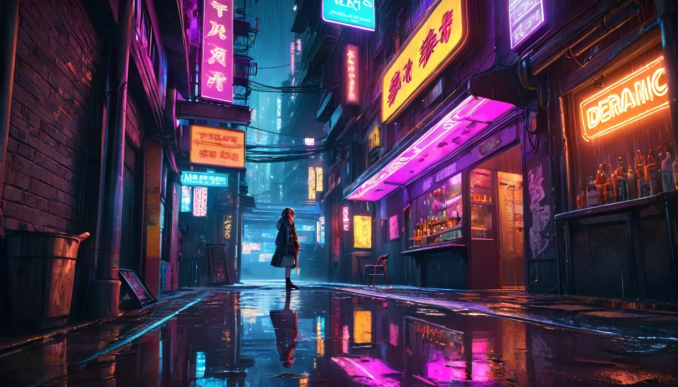 1girl,neon lights,cyberpunk,futuristic city,dark alley,bar entrance,anime style,intricate details,cinematic lighting,moody atmosphere,vibrant colors,dramatic shadows,neon signs,rainy night,puddles,reflections,steam,dynamic composition,photorealistic,8k,best quality,masterpiece