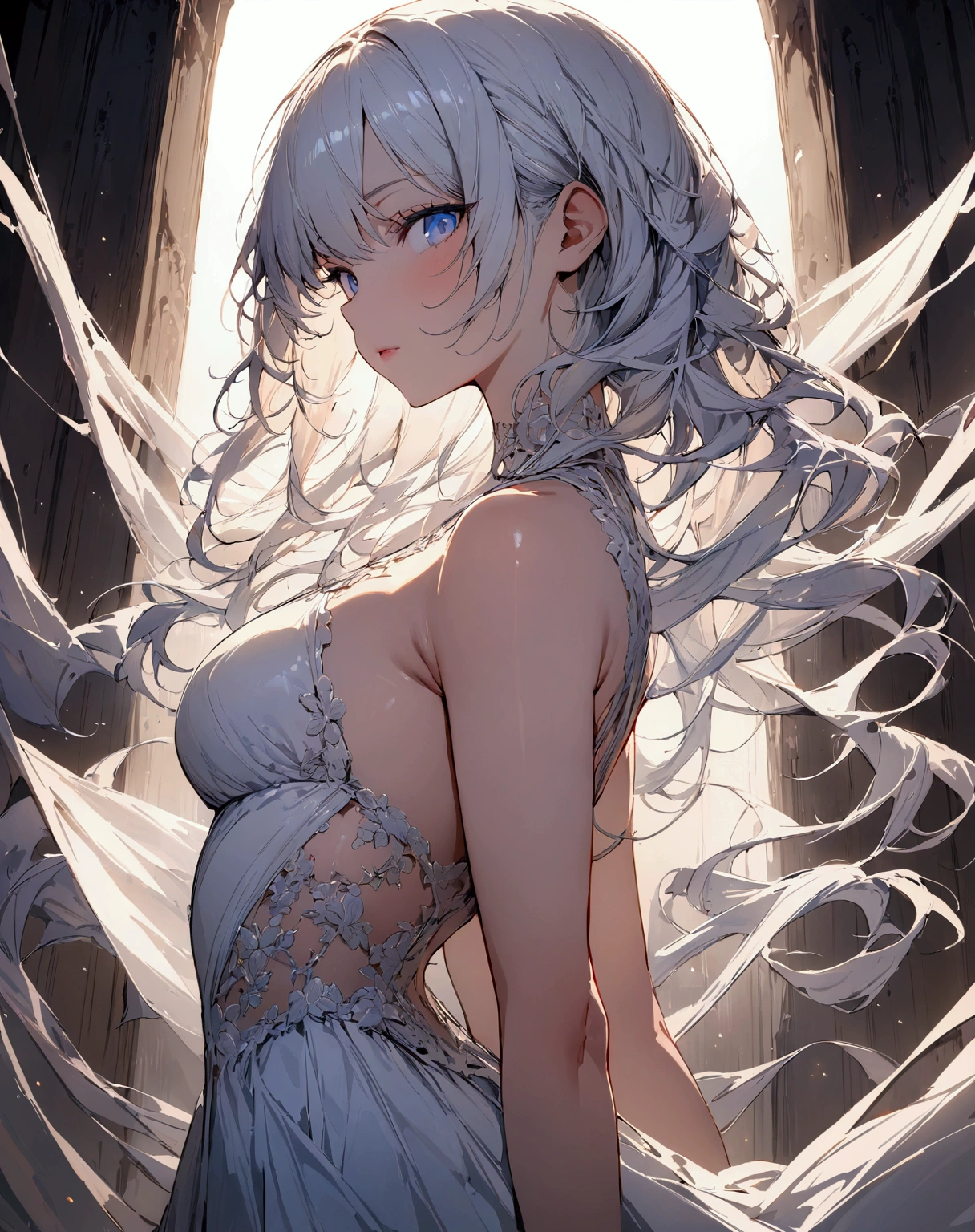 ((masterpiece)), ((best quality)), (from side1.32), (half-body shot:1.36), perfect ???????, 1girl, solo, short white hair, shining blue eyes, white dress, dramatic lighting, looking at viewers
