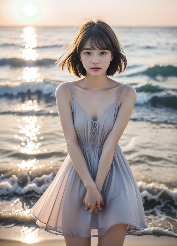 20year old beautiful girl、Beauty、Japanese、cute、beautiful girl、slim、Highest quality、Realistic、16K、panoramic、((Best Quality, 8K, Masterpiece: 1.3)), 1 girl, full body, slim face, beautiful woman, One Girl、Small face、Cute face、Grey Hair:1.5、Bob Hair、short hair、looking at the camera、胸、、Malaise、(((camisole、dress)))、Particles of light、Sunset sea、Calm sea、White sand beach、Very beautiful sunset、RAW Photos、Highest quality、High resolution、High resolution、masterpiece:1.3、、１２ｋ、Professional Photographer、