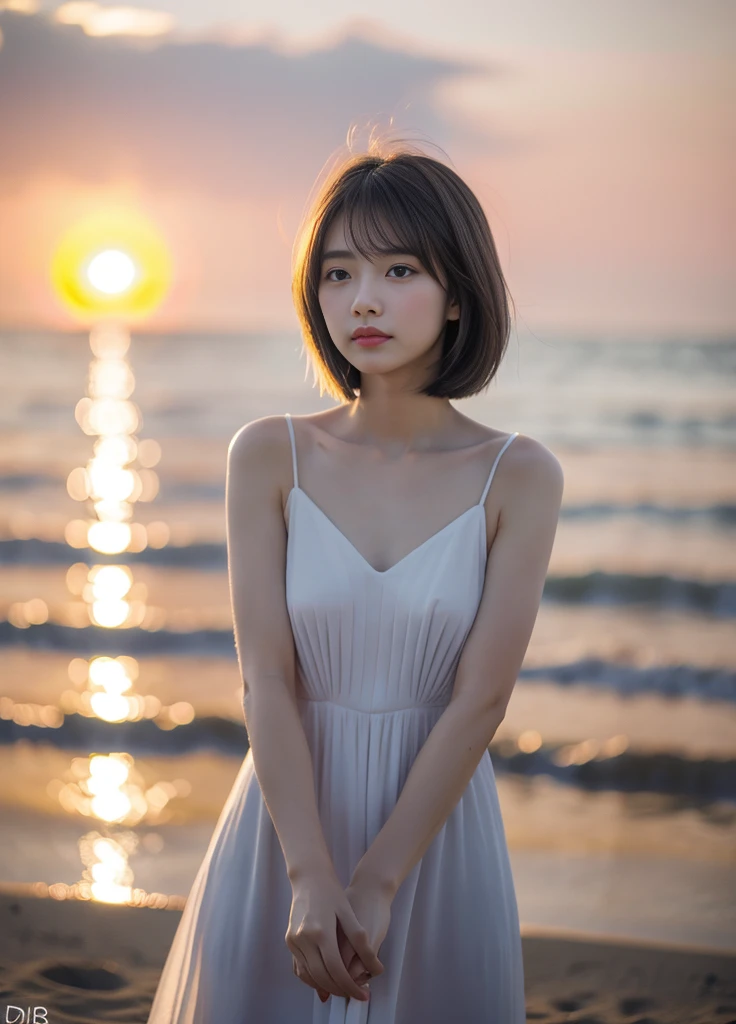 20year old beautiful girl、Beauty、Japanese、cute、beautiful girl、slim、Highest quality、Realistic、16K、panoramic、((Best Quality, 8K, Masterpiece: 1.3)), 1 girl, full body, slim face, beautiful woman, One Girl、Small face、Cute face、Grey Hair:1.5、Bob Hair、short hair、looking at the camera、胸、、Malaise、(((camisole、dress)))、Particles of light、Sunset sea、Calm sea、White sand beach、Very beautiful sunset、RAW Photos、Highest quality、High resolution、High resolution、masterpiece:1.3、、12k、Professional Photographer、