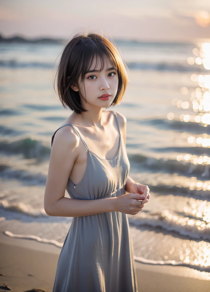 20year old beautiful girl、Beauty、Japanese、cute、beautiful girl、slim、Highest quality、Realistic、16K、panoramic、((Best Quality, 8K, Masterpiece: 1.3)), 1 girl, full body, slim face, beautiful woman, One Girl、Small face、Cute face、Grey Hair:1.5、Bob Hair、short hair、looking at the camera、胸、、Malaise、(((camisole、dress)))、Particles of light、Sunset sea、Calm sea、White sand beach、Very beautiful sunset、RAW Photos、Highest quality、High resolution、High resolution、masterpiece:1.3、、１２ｋ、Professional Photographer、