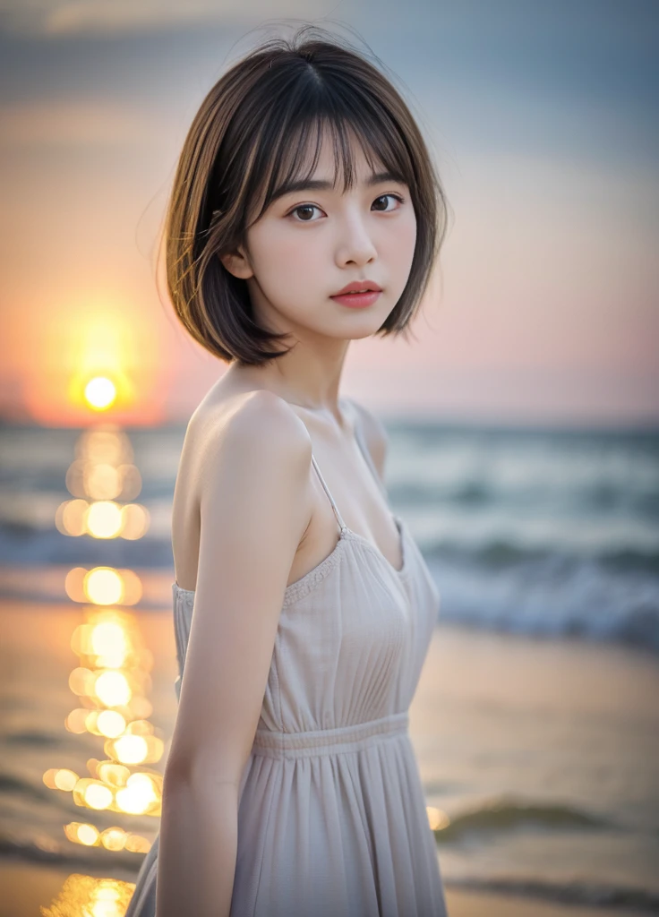 20year old beautiful girl、Beauty、Japanese、cute、beautiful girl、slim、Highest quality、Realistic、16K、panoramic、((Best Quality, 8K, Masterpiece: 1.3)), 1 girl, full body, slim face, beautiful woman, One Girl、Small face、Cute face、Grey Hair:1.5、Bob Hair、short hair、looking at the camera、胸、、Malaise、(((camisole、dress)))、Particles of light、Sunset sea、Calm sea、White sand beach、Very beautiful sunset、RAW Photos、Highest quality、High resolution、High resolution、masterpiece:1.3、、１２ｋ、Professional Photographer、