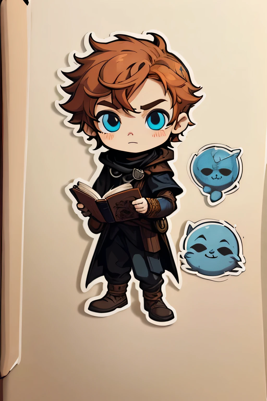 a sticker,boy with ginger hair, blue colored eyes, medium hair, dark look, blood dark magic, with a drawing book, drawing image, simple background, Cute cartoon, Gothic style, chibi style, highy detailed, highest quallity, high details, work of art, black leagwear