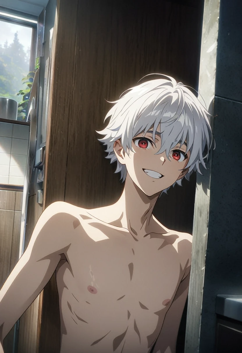 anime art, 1boy, solo male, male focus, high boy, beautiful boy, neck length white hair, small red droopy eyes, he has fair skin, he is naked, he is slender, slender body, he is smiling, he is in bathroom, ultra-detailed, ultra quality, high resolution, hdr, masterpiece, cinematic, detailed, absurdres
