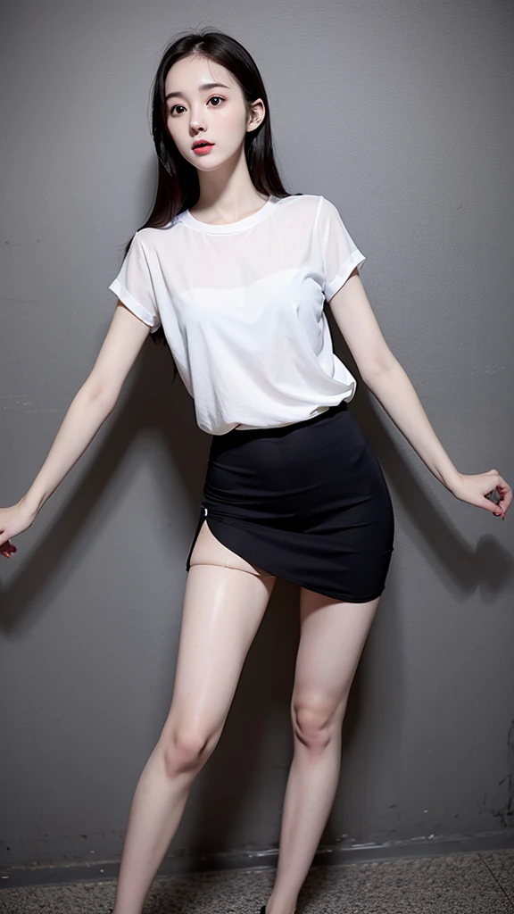 a female school teacher, very thin, pale white skin, visible bones, wet sweat, very slender body, full body