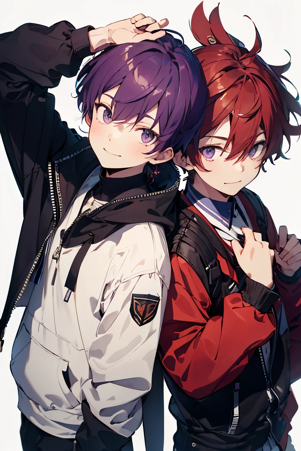 ((masterpiece)), ((Highest quality)), , , ,brother , Red and purple hair, Two boys, , , , Depth of written boundary, High resolution,smile ,icon , , , Short Hair,Shortcuts , White background