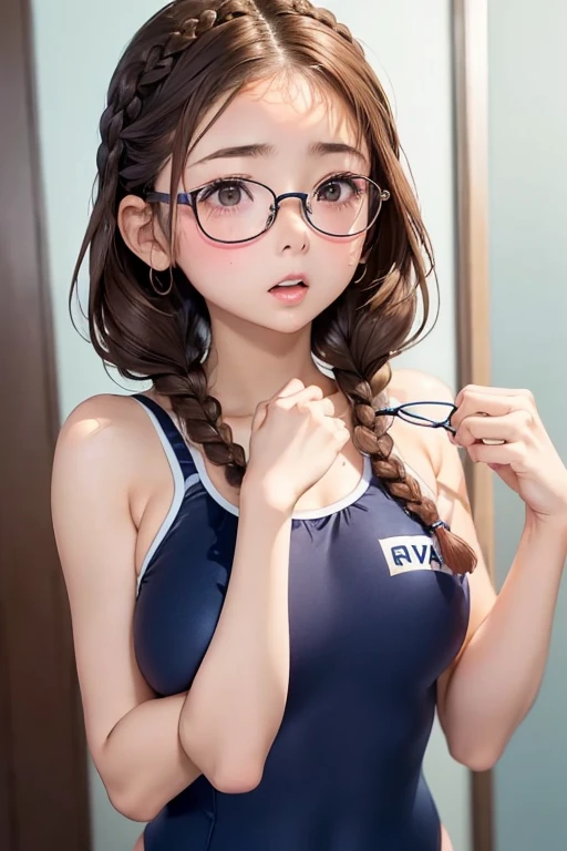 1 female,Brown Hair, ,((Anxious expression)),Beautiful breasts,(((Navy school swimsuit)))、stylish,,(look forward to)(((Blushing、Surprised expression)),(((Braiding))),((( Upper body portrait)))Frameless Glasses