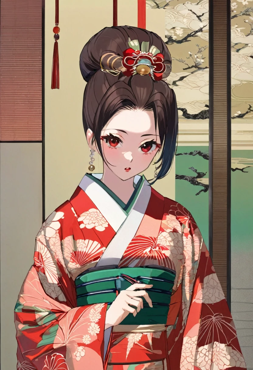 Japanese Girl、Edo Period、Illustration、anime、（kimono、Hana Katsumi、A vivid combination of vermilion and maroon、The obi is dark green with silver thread embroidery of a hail pattern.）（A peach-colored topknot with a red coral ball hairpin）、１７Year old girl、Embarrassing、Downcast eyes、Pale pastel paintings