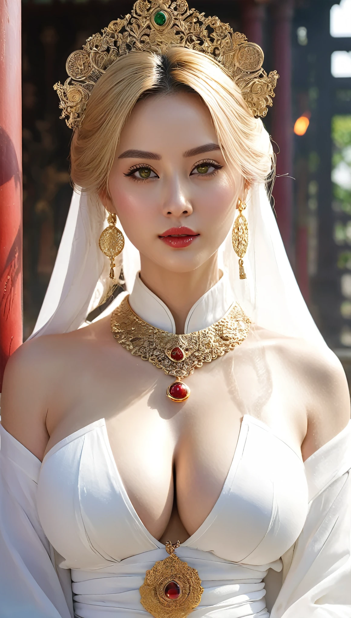 (((Hyper Real)))、(((A 30-year-old white female priest from ancient Europe)))、(((Beautiful female priest))) Mature beautiful middle-aged woman、(((Big big boobs)))、Fine skin、Beautiful plump middle-aged woman、(Fine green eyes)、Blonde fluffy long hair、{(Ancient ornate and luxurious temple)、(Many torches are burning)}、(((Big big cleavage)))、Big Ass、Red lips、(((Luxurious pure white outfit and luxurious accessories)))、