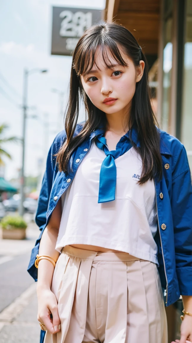 （masterpiece、Highest quality、Very detailed)、Hair color is deep dark brown、Soft Waves、
（Skin is smooth、Lightly reflects light、Healthy shine）、（The eyes are almond-shaped、eyes dark brown）、Long eyelashes、Flexible curls、Each one is clearly visible、Thin eyeliner、Natural eyelash shadow）、（Natural pink cheeks）、（Thick lips、smile）（Japanese  in uniform、A white shirt with a distinctive sailor collar、Navy blue scarf）、（Summer clothes）、（Navy blue pleated mini skirt、inseam length）、（Beach、Pay attention to her whole body and facial expression）、（((Eye highlights and skin detail、Realistic details))）