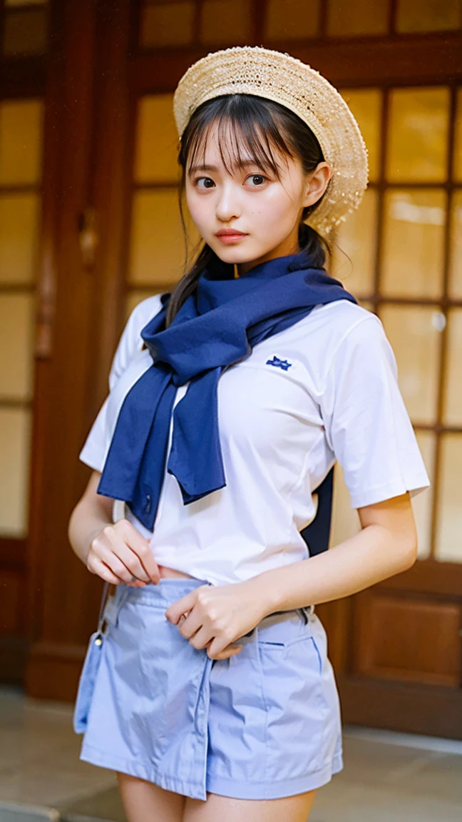 (masterpiece、Highest quality、Very detailed)、Hair color is deep dark brown、Soft Waves、
(Skin is smooth、Lightly reflects light、Healthy shine)、(The eyes are almond-shaped、eyes dark brown)、Long eyelashes、Flexible curls、Each one is clearly visible、Thin eyeliner、Natural eyelash shadow)、(Natural pink cheeks)、(Thick lips、smile)(Japanese in uniform、A white shirt with a distinctive sailor collar、Navy blue scarf)、(Summer clothes)、(Navy blue pleated mini skirt、inseam length)、(Beach、Pay attention to her whole body and facial expression)、(((Eye highlights and skin detail、Realistic details)))