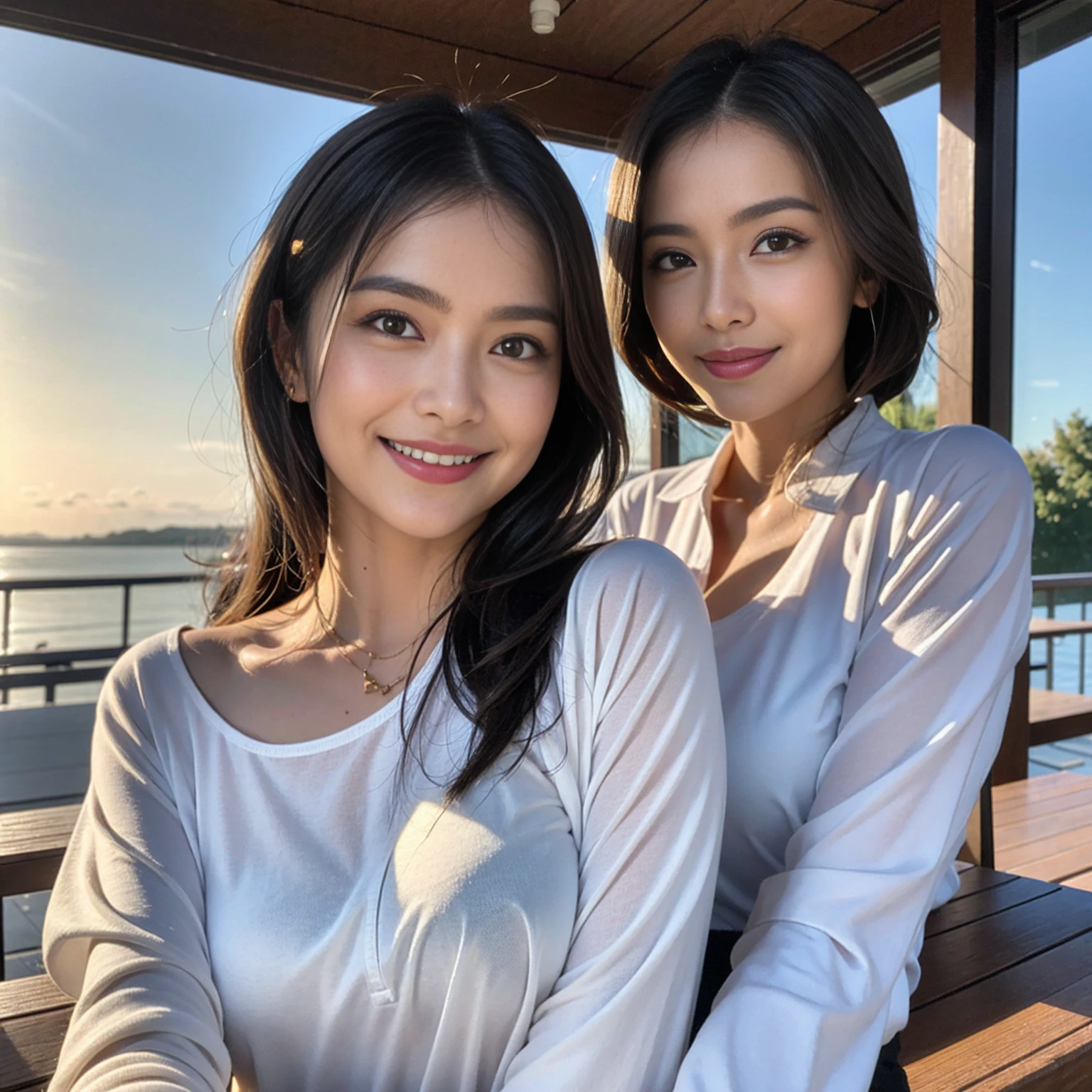 ((Highest quality、、masterpiece:1.3))、1 male、1 female,44 years old 39 years old、Shine the light on my face、Slim Beauty、Beautiful couple、Upper Body、smile、 (Slim face), (the body is スリム), (Brown Hair), (Shortcuts), テーブルのフルコースディナーとwine glass、Amazing view of the sunset sky and clouds、smileの美しさ、Wine bottle、sparkling wine、Long sleeve shirt、dress、White wine, red wine, wine glass, Beautiful fine grain, Depth f/2,saturation, High Contrast, Strong light and shadow,Moist Body:1.5、 texture、The hair is very shiny、