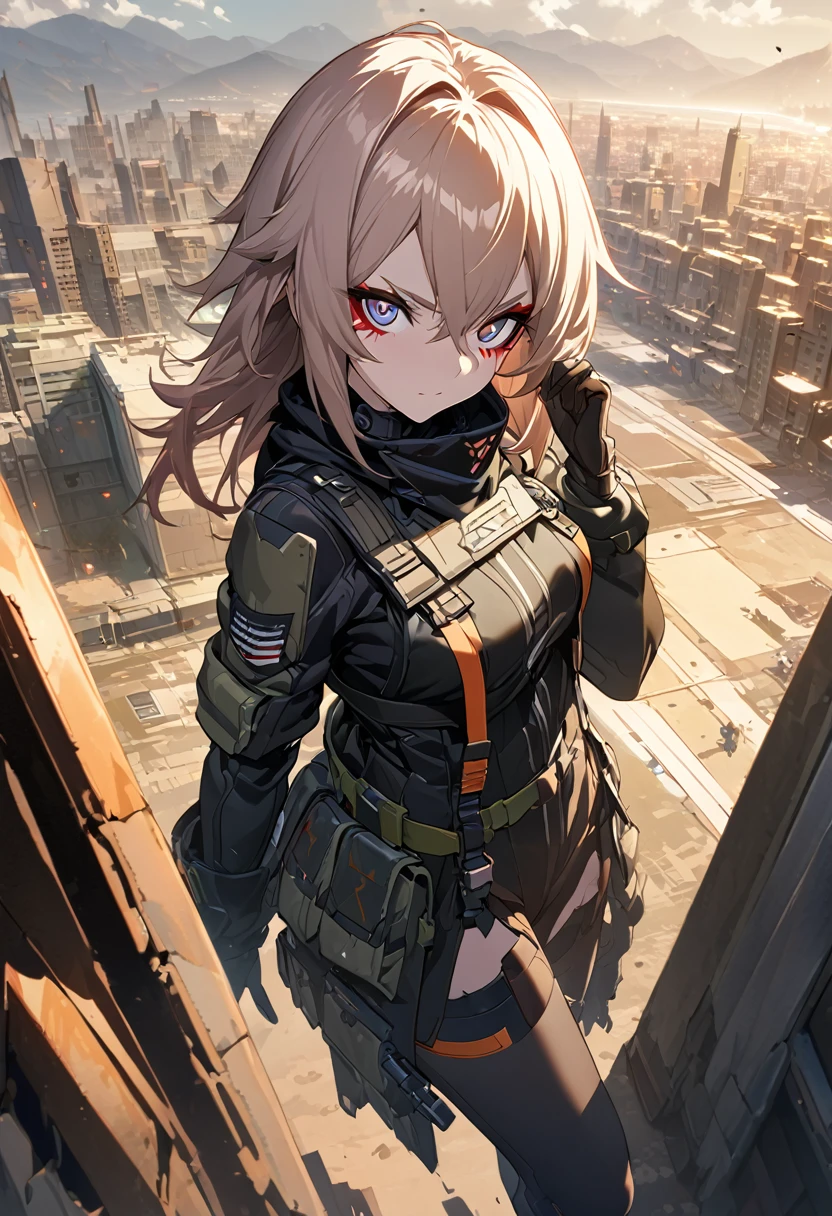 (extremely detailed CG unity 8k wallpaper),(masterpiece), (best quality), (ultra-detailed), (best illustration),(best shadow), cowboy shot, (sharp eyeliner, eyeshadow, detailed eyes:1.1), (city background:1.2), ,BREAK , mod3 (girls' frontline), ,