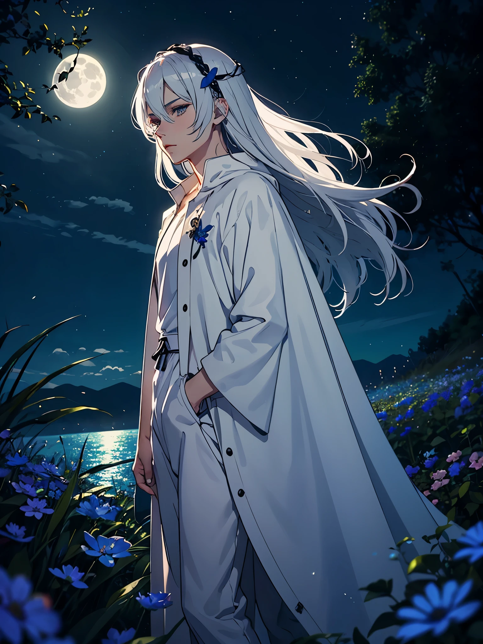 Zärtlicher. Modern jacket. Modern times. Blaie Clothing. Lightening flowers. More anime. male. Blue flowers. Long hair. long white hair. aquatic, boy, God of the Moon, silver hair accessories, White hair, White dress, cape, at night.