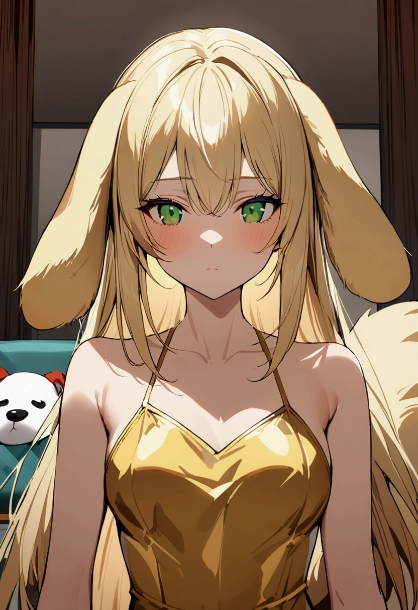 1girl with long blonde hair, green eyes, floppy dog ears, golden dress with open shoulders, slender body, emoteless face dog tail, Rick living room, upper body focus