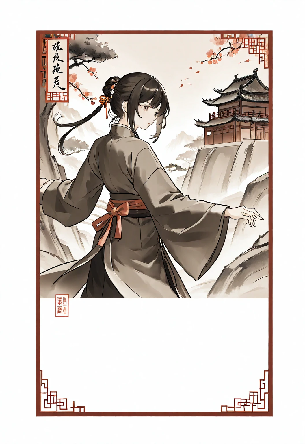 A card border UI,Chinese classical martial arts style,Ink painting style,Suspense style,Profile Style。There is a number "5" in the upper left corner of the card border.,Leave a square blank space in the middle,No characters,Freehand ink painting,Declaring a sense of paper。