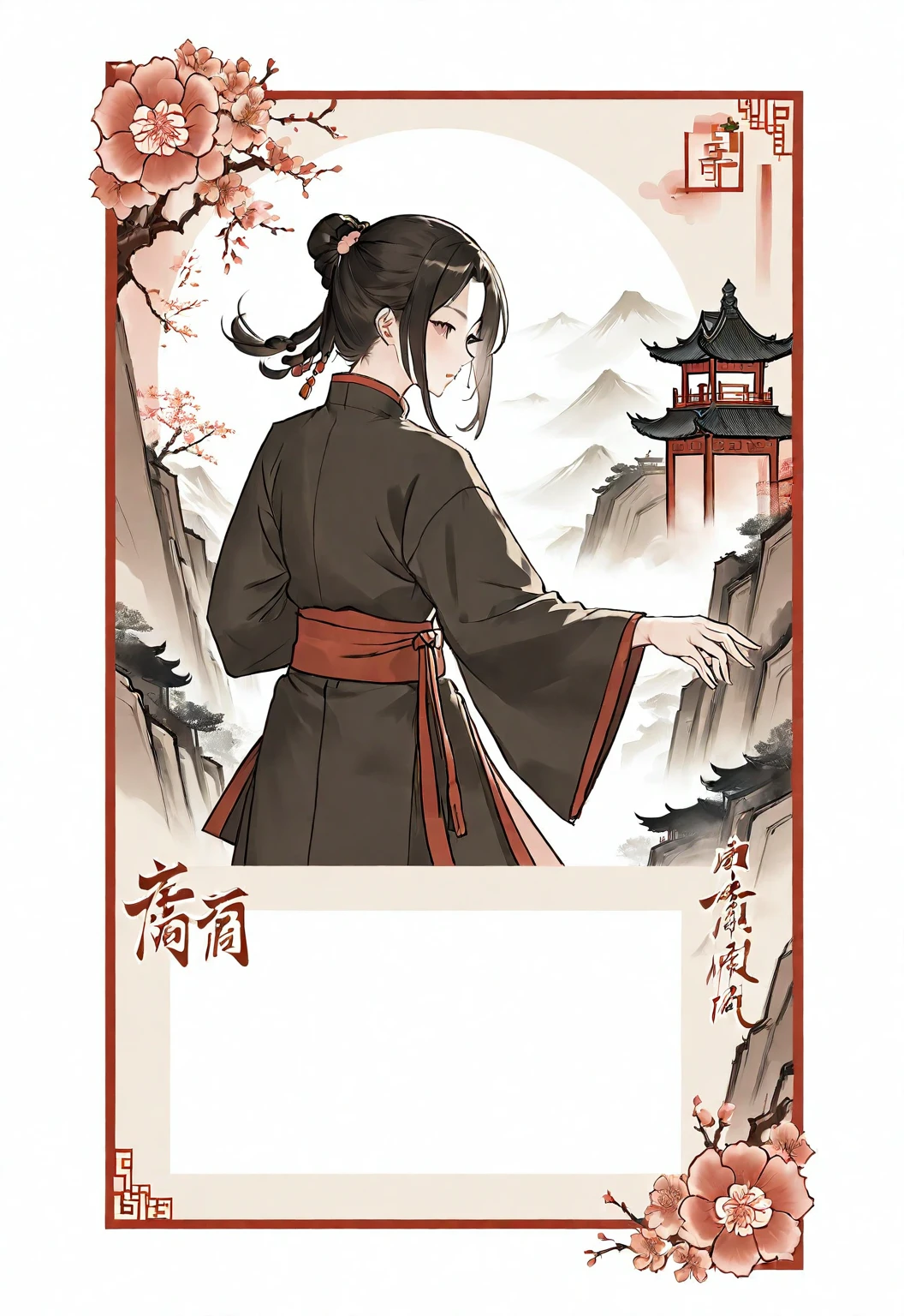 A card border UI，Chinese classical martial arts style，Ink painting style，Suspense style，Profile Style。There is a number &quot;5&quot; in the upper left corner of the card border.，Leave a square blank space in the middle，No characters，Freehand ink painting，Declaring a sense of paper。