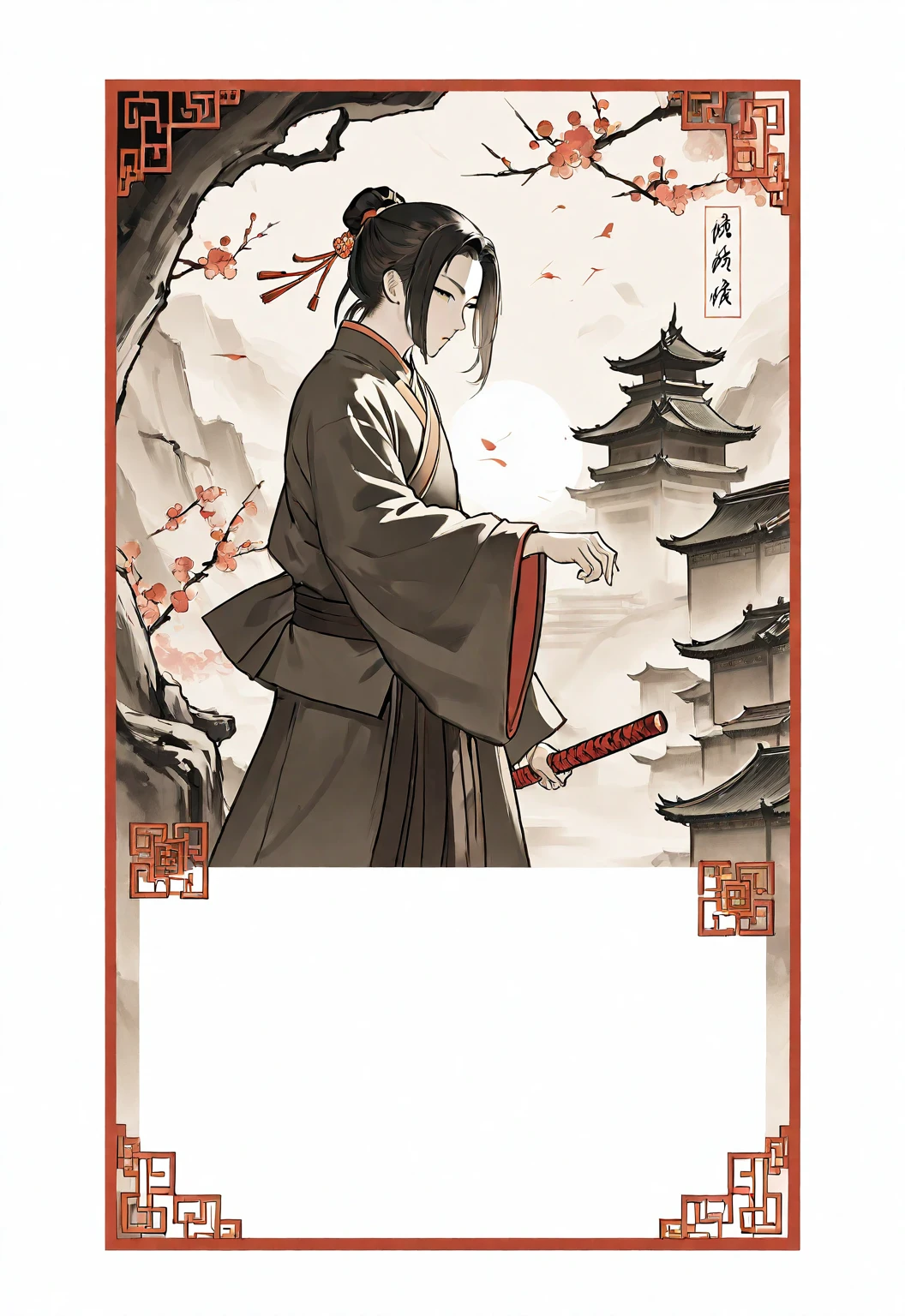 A card border UI,Chinese classical martial arts style,Ink painting style,Suspense style,Profile Style。There is a number "5" in the upper left corner of the card border.,Leave a square blank space in the middle,No characters,Freehand ink painting,Declaring a sense of paper。