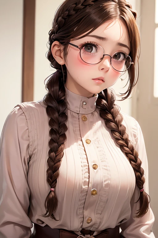 1 Female,Brown Hair, ,((Anxious expression)),Beautiful breasts,uniform,Stylish,,(Look forward)(((Blushing、Surprised expression)),(((Braid))),((( Upper body portrait)))Frameless Glasses