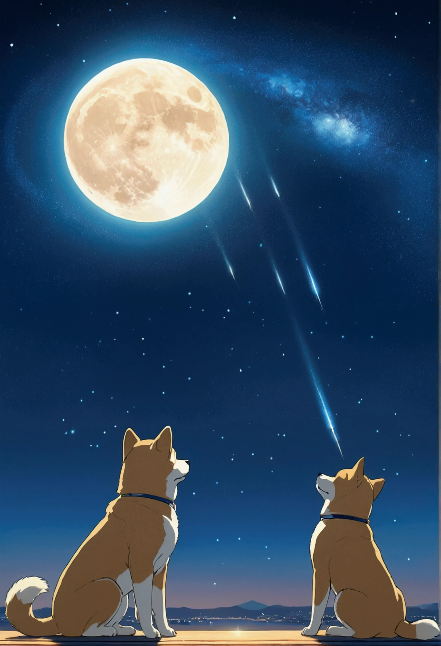 Makoto Shinkai Taste, Starry Sky, 1Shiba Inu puppies, Healing scenes, hope,moon, Multiple shooting stars, creates a dramatic, Masterpiece, Detailed,