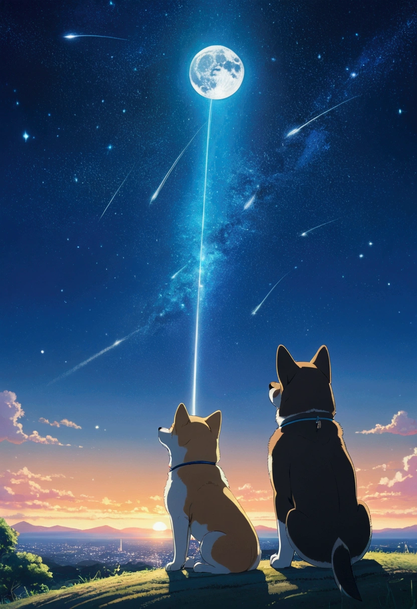 Makoto Shinkai Taste, Starry Sky, １Shiba Inu puppies, Healing scenes, hope,moon, Multiple shooting stars, creates a dramatic, Masterpiece, Detailed, 