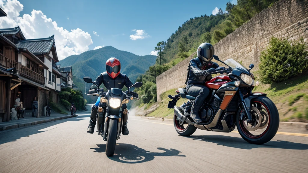 A Kamen Rider on a motorbike runs through the castle town of Edo.